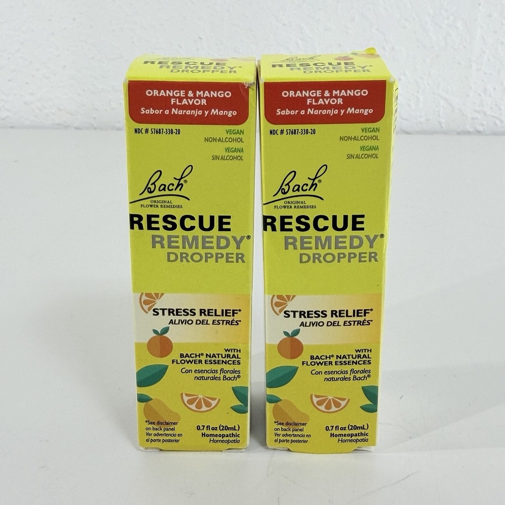 2 PACK, 0.7 fl oz (20mL) EACH bottle,  Bach RESCUE REMEDY Dropper Orange Mango